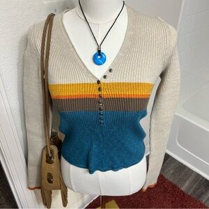Free People beige blue orange striped boho long sleeve top sunset indie sweater
